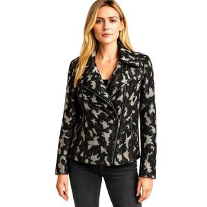 Lafayette 148 New York Camo Moto Jacket Blazer Size 12 Wool Blend Textured Work